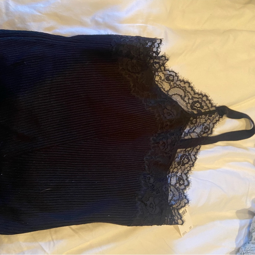 Anthro Black one shoulder tank with Lace Detail